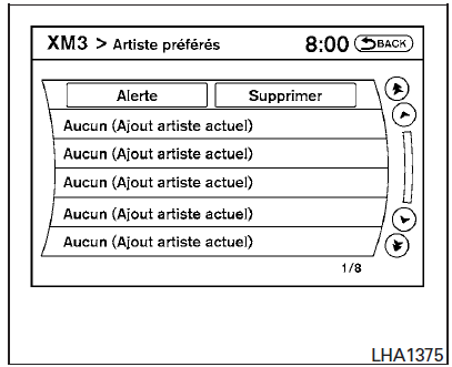 Menu (radio satellite SiriusXM selon l'équipement du véhicule)